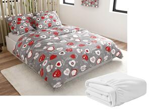 Set posteljina mikropliš CHRISTMAS HEART siva + plahta od mikroplyša SOFT 180x200 cm bijela, dvokrevetna