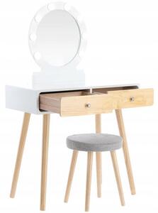 Bijeli drveni toaletni stol s LED ogledalom i tabureom