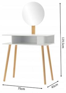 Bijeli retro toaletni stol s okruglim ogledalom i tabureom