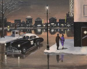 Ilustracija Police Car Patrolling Town at Night., Dave Rheaume Artist