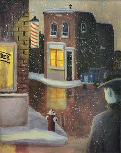 Ilustracija 1950s scene man approaching barber shop at night., Dave Rheaume Artist