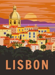 Ilustracija Lisbon VintageTravel Poster. Portugal cityscape landmark,, VectorUp