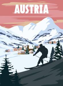 Ilustracija Austria Ski resort poster, retro. Alpes, VectorUp