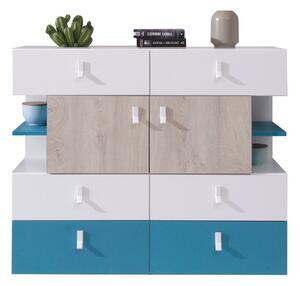 Komoda Omaha H107, Hrast, Bijela, Tirkiz, 90x110x40cm