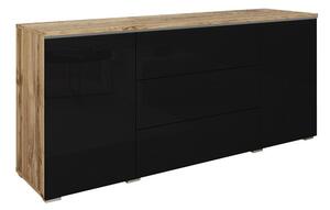 Komoda Sarasota 142, Sjajno crna, Wotan hrast, 66x150x40cm