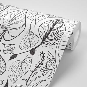 Tapeta magični listovi u crno-bijelom dizajnu