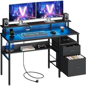 Radni stol, gaming stol s LED osvjetljenjem i ladicama, 55 x 135 x 90 cm, crni