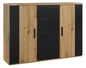 Komoda Felelie 102, Mat crna, Artisan hrast, 94x132x40cm