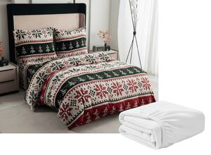 Set posteljine od mikropliša FROSTED CHRISTMAS šarena + plahta od mikropliša SOFT 90x200 cm bijela, za jednokrevetni krevet