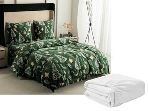 Set posteljine od mikropliša GREEN CHRISTMAS zelene + plahta od mikropliša SOFT 90x200 cm bijele, za jedan krevet
