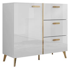 Komoda Comfivo Teslomo 108, Sjajno bijela, Bijela, Zlatno, 92x100x38cm