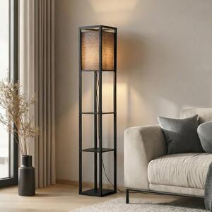 Lindby podna lampa Birta, crna, polica, drvo, 159 cm, Crno, Dnevni boravak/blagovaonica, Drvo
