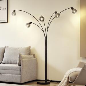 Lindby podna lampa Braccio, sivo/crna, staklo, 5 žarulja, 204,5 cm, Sivo, Dnevni boravak/blagovaonica, Staklo, Stalak kišobran