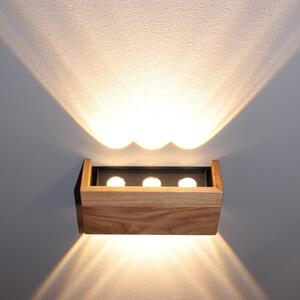 FISCHER & HONSEL LED zidna lampa Shine-Wood, širina 21 cm, hrast/crna, drvo, Drvo, Dnevni boravak/blagovaonica, Drvo