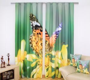 Zelene prozorske zavjese sa žutim cvjetovima i šarenim leptirom Širina: 160 cm | Duljina: 250 cm (u kompletu se nalaze 2 komada)