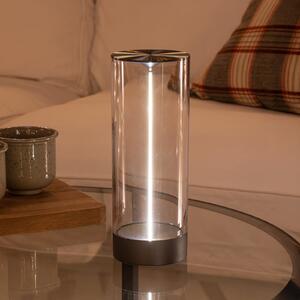 Konstsmide LED punjiva stolna lampa Edison, visina 24 cm, siva/prozirna, IP54, prigušiva, Providna, Dnevni boravak/blagovaonica, Plastika