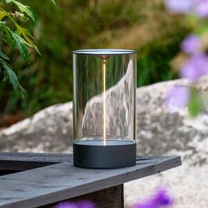 Konstsmide Edison LED punjiva stolna lampa, visina 23 cm, siva/prozirna, IP54, prigušiva, Providna, Dnevni boravak/blagovaonica, Plastika