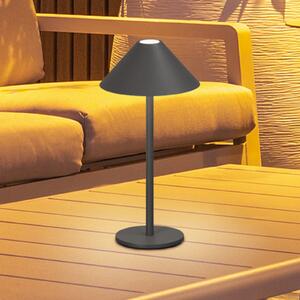 FH Lighting Prato LED stolna lampa na baterije, pješčano siva, visina 25 cm, metalna, IP54, prigušiva, Sivo, Metal