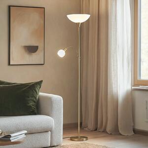 Lindby podna lampa Elaina, svjetlo za čitanje, boja mesinga, 183cm E27, Zlato / mjed, Dnevni boravak/blagovaonica, Metal, Svjetlo za čitanje