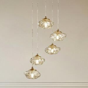 Lindby viseća lampa Piatra, Ø45cm, 5 svjetala, konjak/mjed, staklo, prigušiva, Providna, Dnevni boravak/blagovaonica, Staklo
