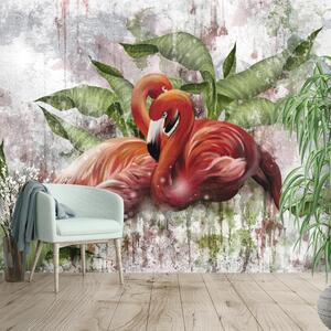 Foto tapeta - Flamingosi na betonskom zidu (147x102 cm)