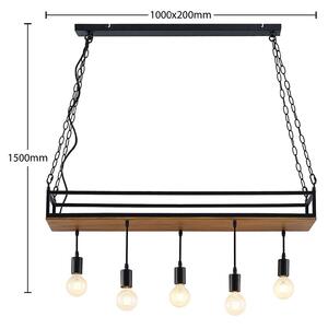 Lindby Kirista viseća lampa, 5 žarulja, crna/drvo, 100 cm, E27, prigušiva, Crno, Dnevni boravak/blagovaonica, Metal