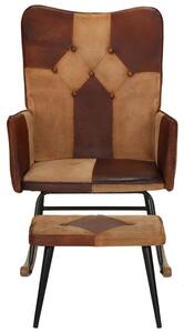 VidaXL Stolica za ljuljanje s tabureom smeđa od prave kože i platna