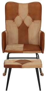 VidaXL Stolica za ljuljanje s tabureom smeđa od prave kože i platna