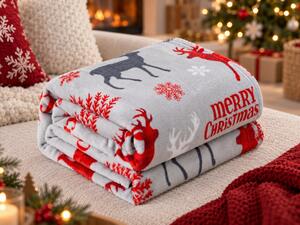 2x Siva božićna mikropliš deka MERRY CHRISTMAS DEER 160x200 cm