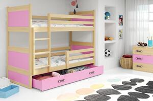 Drveni dječji krevet na kat Rico s ladicom - bukva - roza - 160*80cm