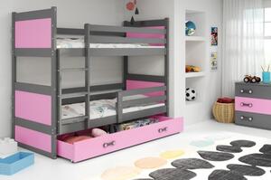Drveni dječji krevet na kat Rico s ladicom - sivi - roza - 200*90cm