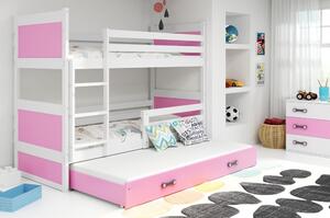 Drveni dječji krevet na kat Rico s tri kreveta - bijeli - rozi - 160*80cm