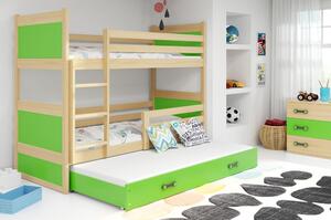 Drveni dječji krevet na kat Rico s tri kreveta - bukva - zeleni - 200*90
