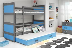 Drveni dječji krevet na kat Rico s tri kreveta - sivi - plavi - 160*80cm