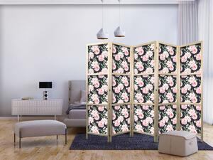 Japanski paravan - Peonies - Pink Flowers and Green Leaves on a Graphite Background