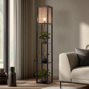 Lindby Birta podna lampa, crna/prirodna, polica, ratan, Crno, Dnevni boravak/blagovaonica, Drvo