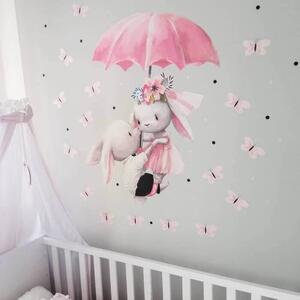 Zečići koji lete s kišobranom - akvarelna naljepnica