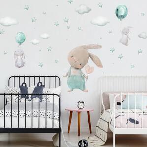 Naljepnice za dječju sobu - zečići, zvijezde i oblaci u boji mente