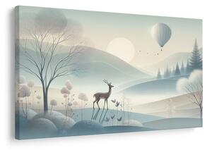 Slika jelen u maglovitoj dolini pri izlasku sunca