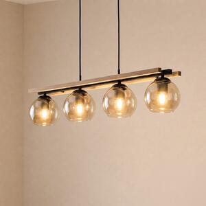 Lindby viseća lampa Enrique, jantar, 4 žarulje, staklo, drvo, E27, prigušiva, Drvo, Dnevni boravak/blagovaonica, Staklo