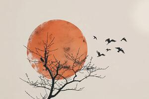 Slika japandi mjesec s jatom ptica