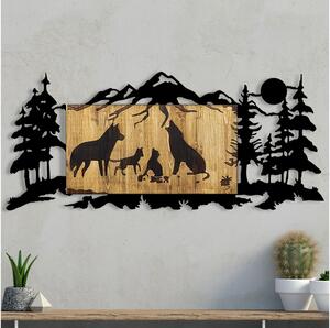 Zidna dekoracija 108x47 cm vučja obitelj drvo/metal