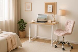 Set za ured – sklopivi radni stol ZARIMO 80×40 cm bijeli + uredska stolica AVOLA VELVET ružičasta