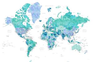 Karta Aquamarine and blue watercolor detailed world map, Blursbyai