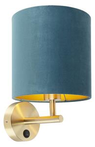 Elegantna zidna svjetiljka zlatna s plavim baršunastim hladom - Matt