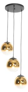 Art Deco viseća lampa crna sa zlatnim staklom okrugla 3-svjetlo - Pallon