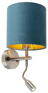 Zidna svjetiljka čelik sa svjetiljkom za čitanje i sjenka baršun 20/20/20 plava