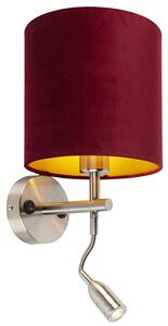 Zidna svjetiljka čelik sa lampom za čitanje i sjena 20/20/20 crveni baršun