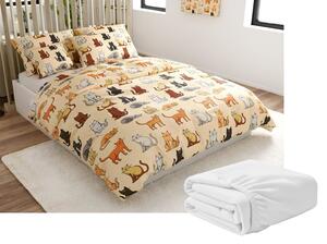Set posteljine od mikropliša COLORED CATS krem + plahta od mikropliša SOFT 90x200 cm bijela, za jedan krevet
