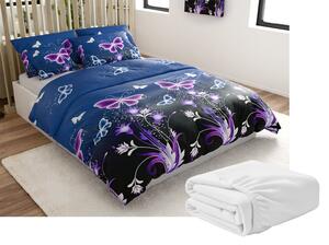 Set posteljine od mikropliša VIOLET BUTTERFLY tamno plave boje + plahta od mikropliša SOFT 180x200 cm bijele boje, bračni krevet